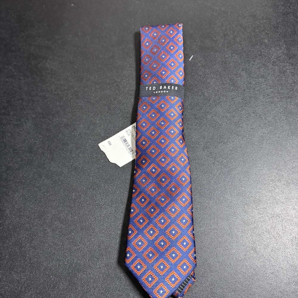 Ted Baker Necktie Mens One Size Blue Orange Geometric Diamond Silk Professional
